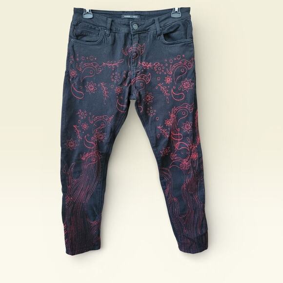 Embellish Other - Embellish Mens Black Jeans Size 32 Red Paisley Embroidered Streetwear Skinny